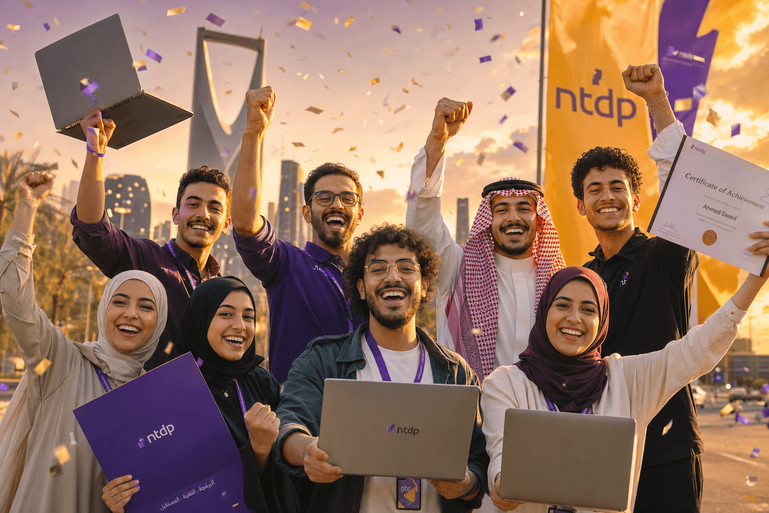 خريجون من الشرق الأوسط بيحتفلوا بالشهادات والكونفيتي وخلفية أفق الرياض